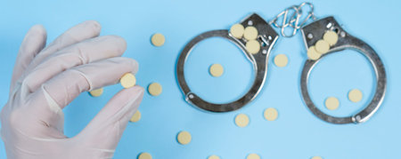 Pill on the hand of nurse close-up. The concept of punishing the doctor for drug trafficking in the workplaceの写真素材