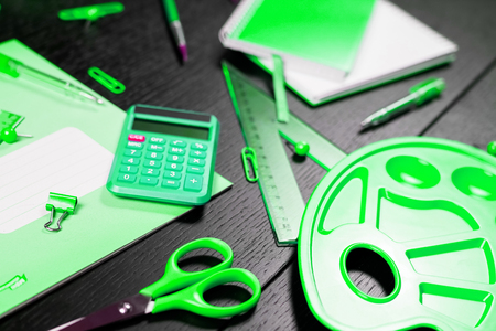 Back to school of education season background or business office desk concept. Flat lay essential objects for learning or working on wooden plank.の写真素材