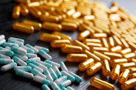 Many different colorful medication and pills from above
