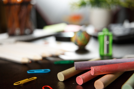 Back to school concept. School and office supplies on office table. Male or boyish still life on the topic of school, study, office work.の写真素材