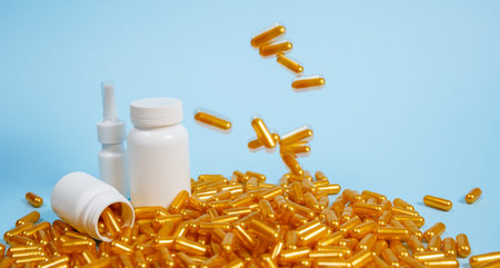Golden pill capsules on blue background. Concept of expensive medical care or diagnosis.
