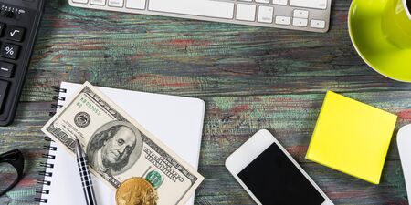 Bitcoin in a business office. Bitcoin golden coin New virtual moneyの写真素材