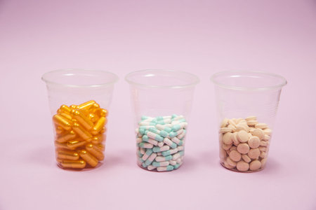 Container full of drug and medicine pills. Copy space