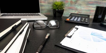 Office desk table with supplies. Top view. Copy space for textの写真素材