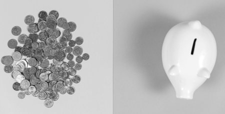 Piggy bank with growth coins against blank background