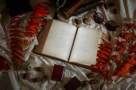 Open old book with blank pages with vintage background. Copy space. Free space for test. Top viewの写真素材