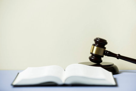Law concept - law book with a wooden judges gavel on table in a courtroom or law enforcement office....