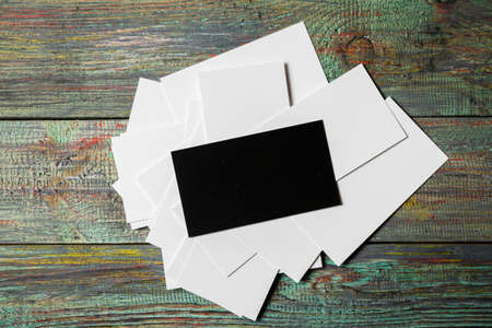 Business cards blank. Mockup on color background. Flat Lay. copy space for textの写真素材