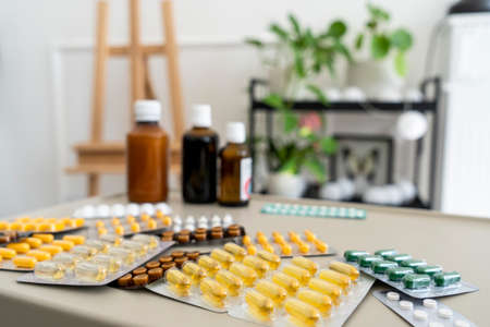 Pharmaceuticals antibiotics pills medicine in the home space with copy spaceの写真素材