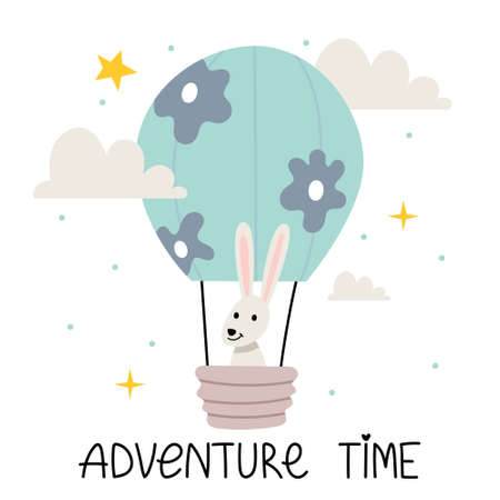 Fluffy gray rabbit flies in a balloon in the middle of the clouds. Dream concept. Poster in the nursery. Illustration for children's book. Cute Poster.Simple illustration.のイラスト素材