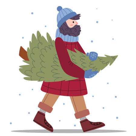 A bearded man in winter clothes carries a Christmas tree. Winter fashion. Cozy mood. Illustration for children's book. Cute Poster.Simple illustration. Scandinavian style.Minimalism. Nature.のイラスト素材