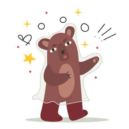 Teddy bear scares everyone in a Halloween ghost costume. Autumn mood. Simple illustration. Illustration for children's book. Cute Poster.のイラスト素材