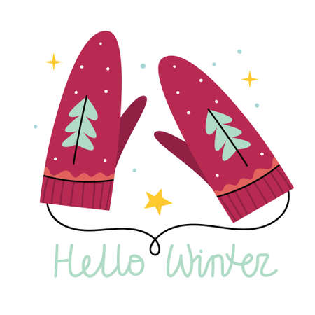 Red winter gloves. Mittens. Snow falls on a Christmas tree. Illustration for children's book. Cute Poster.Simple illustration.のイラスト素材