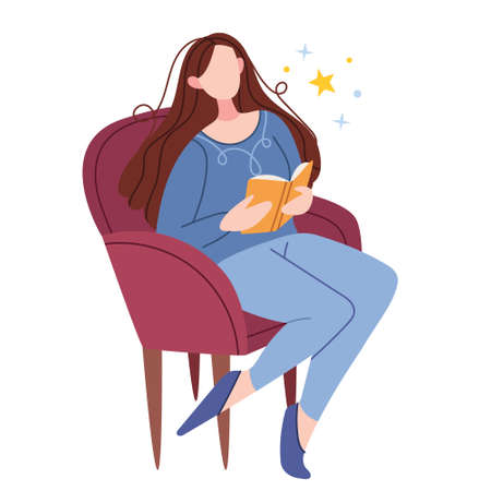 The girl sits in a chair and reads. Flat style. The concept of a modern library. Illustration for children's book. Cute Poster.のイラスト素材