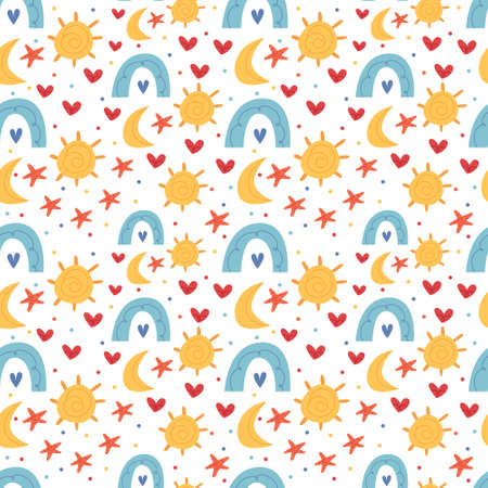 Bright children's pattern in boho style. Sun, moon, stars, rainbow. Decor for a children's room. Illustration for children's book. Cute Poster.Simple illustration.のイラスト素材