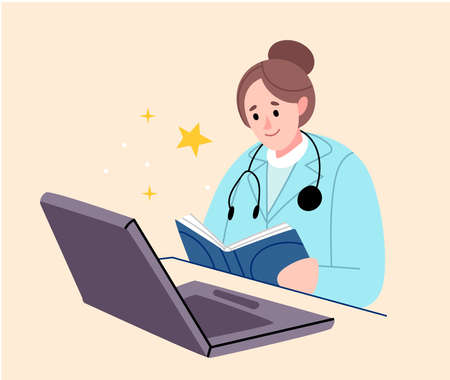Video communication, consultation with an online doctor. The doctor gives information about the treatment and the state of health. The doctor smiles. Flat cartoon vector illustration.のイラスト素材