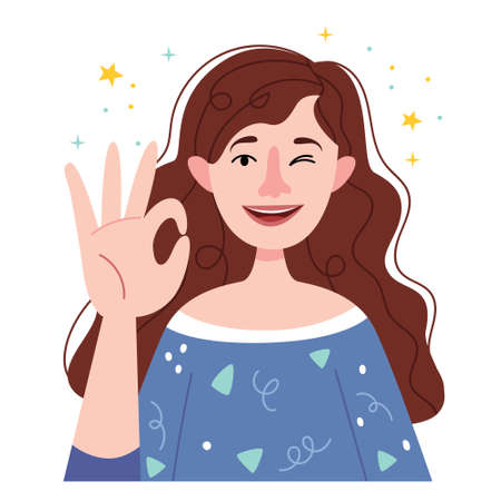 The girl shows okay sign and winks .Good job.Approve hand symbol. Simple illustration.のイラスト素材