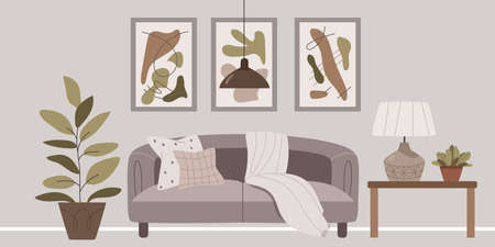 Stylish interior in gray-brown colors.Minimal interior design of living room with leather couch.Cozy living room interior inspired by autumn colors.Scandinavian style.のイラスト素材