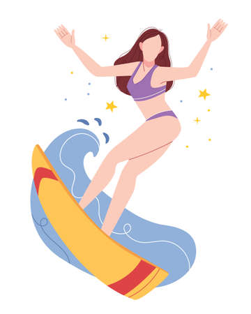A girl in a purple swimsuit is surfing.Woman on holidays with surf board on the beach near of ocean. Vacation concept.Extreme sports. Sportive woman surfing enjoy riding.のイラスト素材
