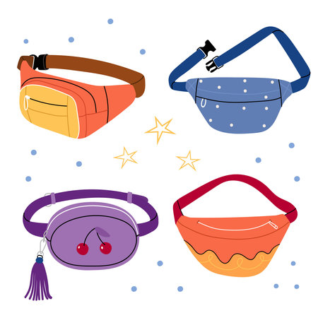 Stylish and modern multi-colored waist bags.Colorful banana shaped belt bags. Waist bags.のイラスト素材