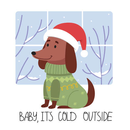 The dog in winter clothes is going to go for a winter walk.Baby it's cold outside.Funny dachshund in a winter hat. Illustration for children's book.Simple illustration. Cute Poster.のイラスト素材