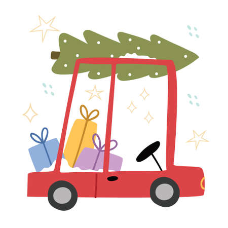 Cartoon car carries Christmas presents and a Christmas tree.The car with christmas tree on top.Illustration for children's book.Simple illustration.Cute Poster. Scandinavian style .Minimalisn.のイラスト素材