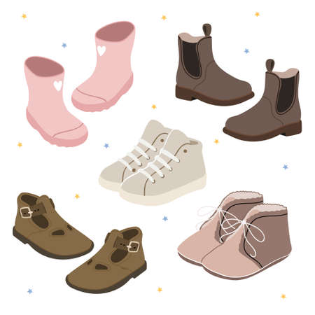 Children's Fashion. Pastel set with baby shoes. Pink rubber boots, sneakers, sneakers, Chelsea, sandals, boots.のイラスト素材