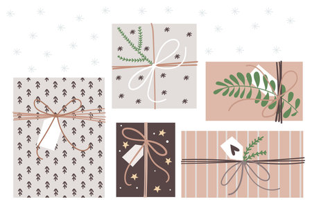 New Years gifts in eco-friendly packaging. Scandinavian style gift boxes. Craft paper.Holiday mood.