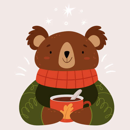A very cute bear with a warm red scarf and a large cup of cocoa.のイラスト素材