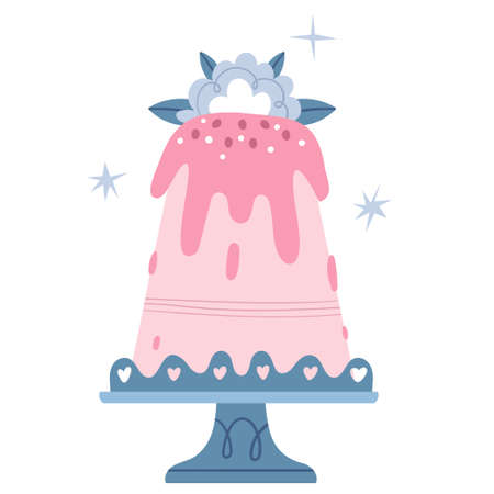 Big pink cake with a blue flower on a lace stand. Wedding cupcake. Girl's birthday.のイラスト素材