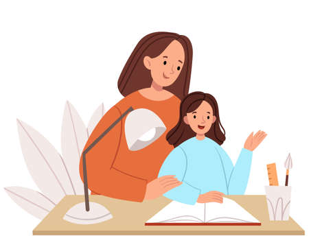 Mom teaches lessons with her daughter. Homeschooling. The family spends time together.のイラスト素材