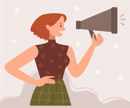 Red-haired girl with a loudspeaker. A woman shouts for her rights.のイラスト素材