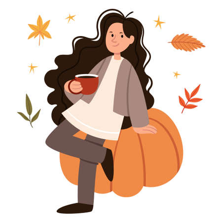 The girl with curly hair sits on a big pumpkin and drinks cocoa. Autumn mood. Scandinavian style.のイラスト素材
