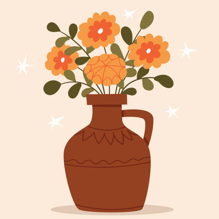 Dahlias in a clay jug. Autumn bouquet in a vase. Scandinavian style.のイラスト素材