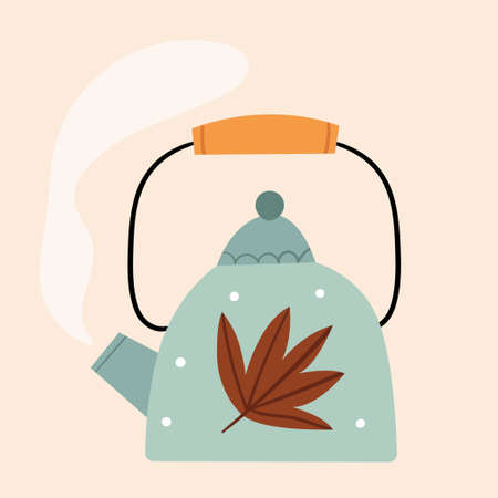 Blue cute teapot with autumn leaves. Scandinavian style.のイラスト素材