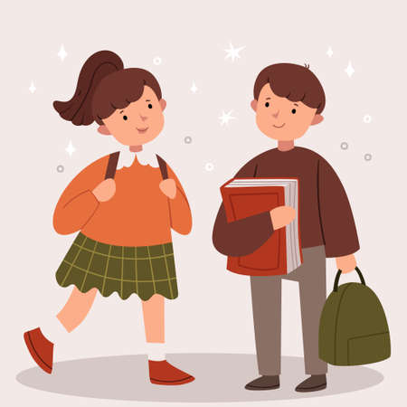 Boy and girl go to school. Modern school uniform. Books and a backpack.のイラスト素材