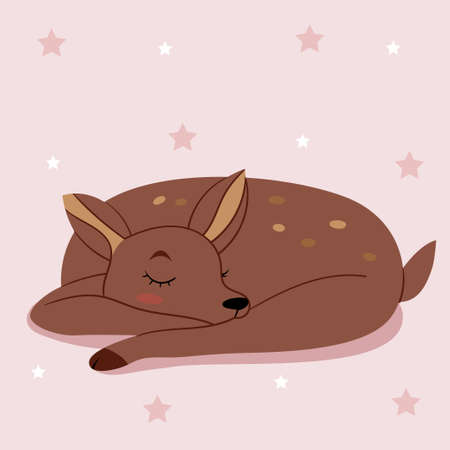 A cute deer sleeps on a pink background. Children's illustration. Fabulous character. Forest animal.のイラスト素材