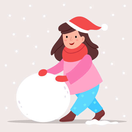 A little girl in a pink jacket sculpts a snowman. Winter mood. A fun walk. Warm clothes for the street.のイラスト素材