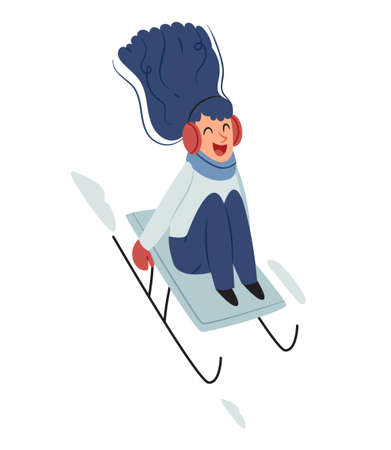 The girl rides down the mountain on a sled. Stylish girl with blue hair. Minimalist, Scandinavian design.のイラスト素材