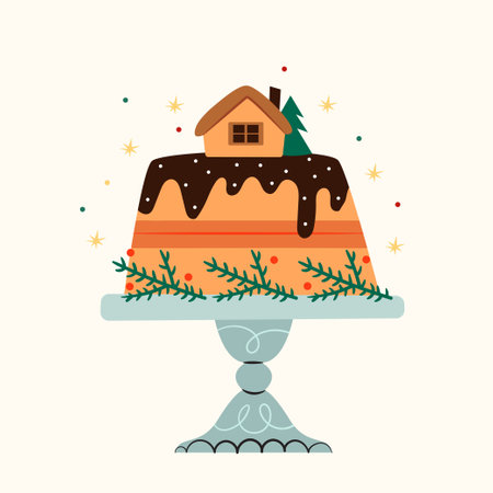 Christmas cake in chocolate decorated with a gingerbread house. Traditional Christmas sweets.のイラスト素材