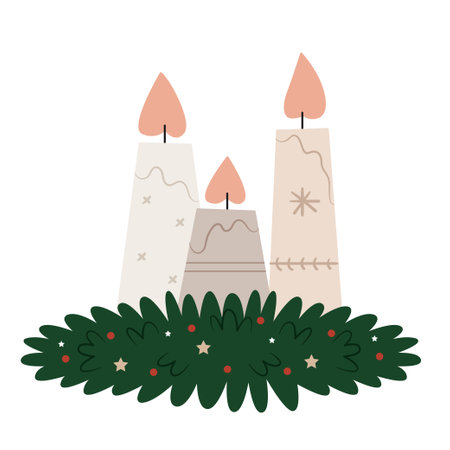 Fireplace decor from Christmas candles. A wreath of their Christmas tree branches. Scandinavian style.のイラスト素材