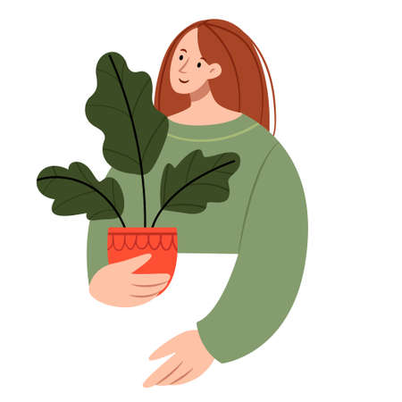 Girl holding a flowerpot in her hands. Houseplant in a pot. Love of nature. Flat illustration.のイラスト素材