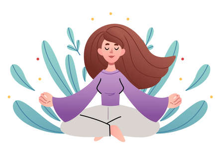 The girl meditates in the lotus position on the background of the leaves. Yoga and mindfulness concept.のイラスト素材