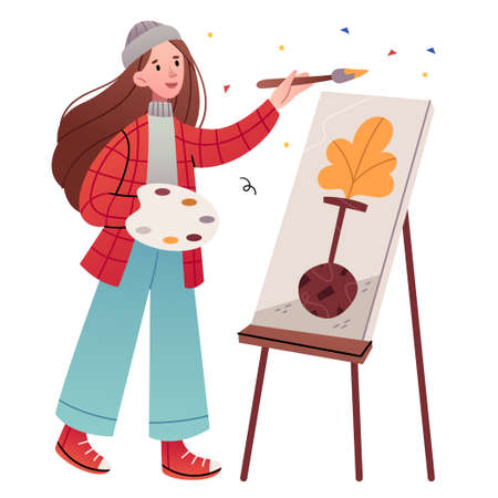 Hipster girl artist in stylish clothes paints a picture. contemporary art.のイラスト素材