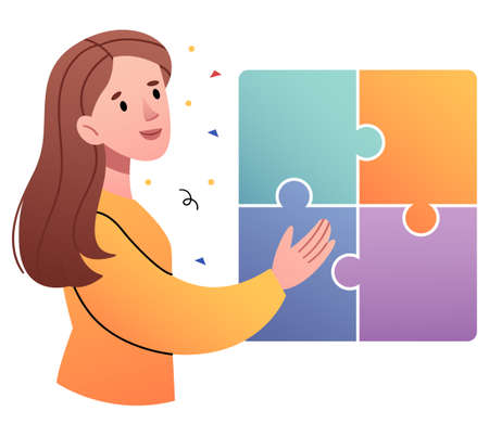 The girl assembles a puzzle.Concept of logical thinking, analytical mind, human intelligence, problem solving, brainstorming.のイラスト素材