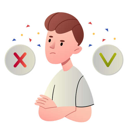 The guy chooses between yes or no buttons. Difficult choice, important question, problem solving.のイラスト素材