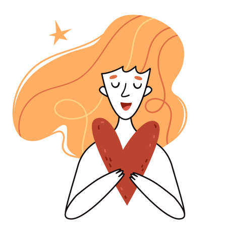 Red-haired girl holding a heart. Stylish linear vector illustration. Scandinavian style.のイラスト素材