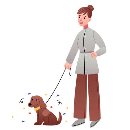 A girl in a modern kimono walks a dog. flat illustration.のイラスト素材