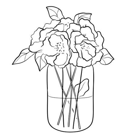 Bouquet in a linear style from Campanula in a glass vase. Sketch, modern art.のイラスト素材