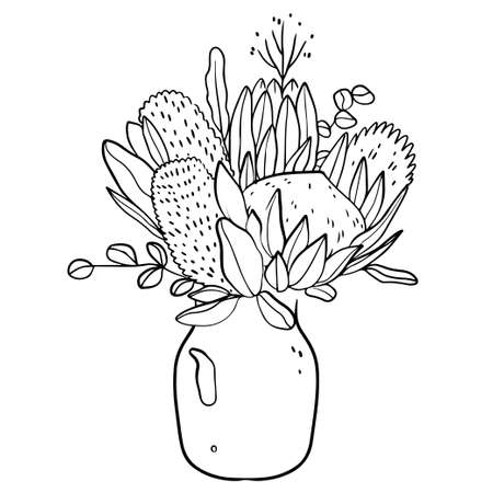 Bouquet in a linear style from Campanula in a glass vase. Sketch, modern art.のイラスト素材